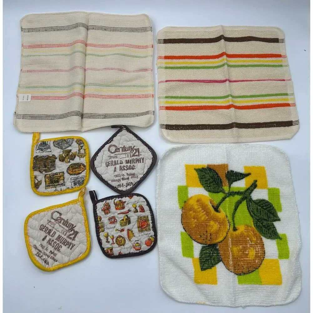 VTG 70s Kitchen Towel 17 pc Lot Mushroom Owl Retro Vegetable Linens Fabric Flaw